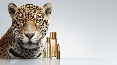 Leopard with perfume bottle and lipsticks on a white background.の素材