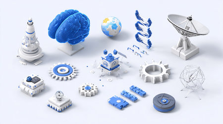 3d illustration of science and technology concept with planets, satellite dish, human brain and gear wheelsの素材