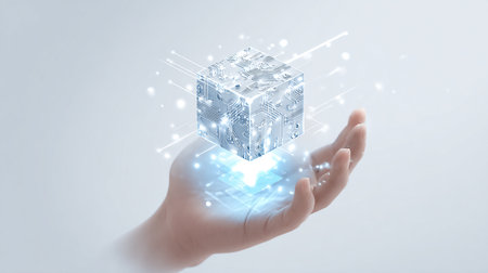 Businessman holding digital cube with circuit hologram in his hand 3D renderingの素材