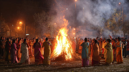 Hindu devotees pour water onto the fire during the Holi festival.の素材