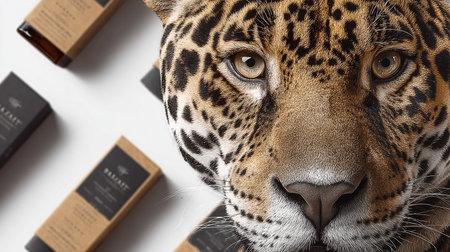 Leopard face with cosmetic products on white background, top view.の素材