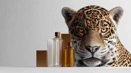 Leopard face and bottles of perfume on a table. 3d renderingの素材