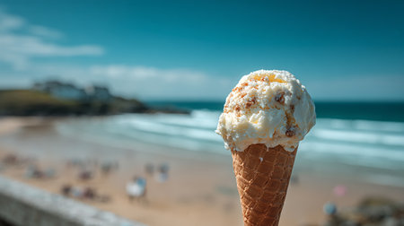 Ice cream cone on the beach with blue sky and sea in backgroundの素材