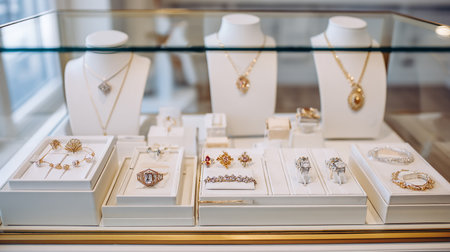 Jewelry shop window display with gold wedding rings and earringsの素材