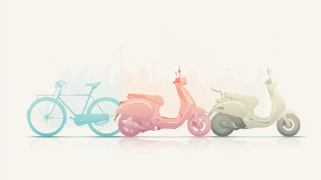 Vintage scooter and bike on the city background, vector illustrationの素材