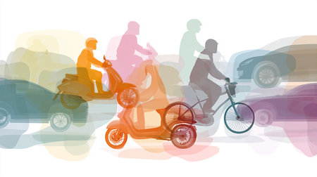 Group of people riding scooters in the city. Vector illustration.の素材