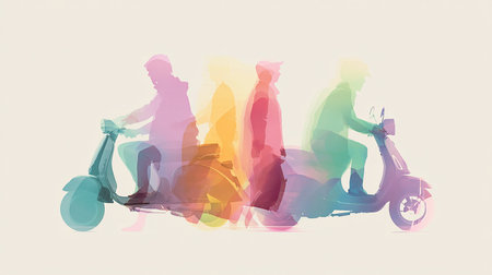 Silhouettes of people on motorbike. Colorful illustration.の素材