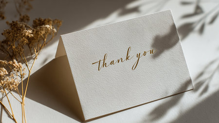 White card with thank you text and dried flowers on white background.の素材