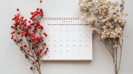Top view of calendar with red berries and dry flowers on white backgroundの素材