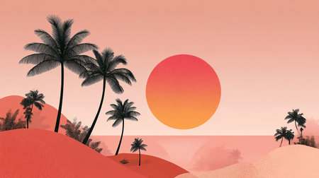 Tropical beach with palm trees and sunset. Vector illustration.の素材