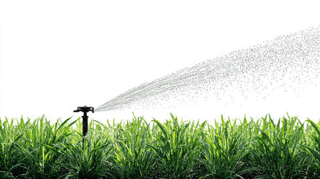 Sprinkler watering the green grass isolated on white background with clipping pathの素材