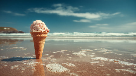 Ice cream cone on the beach with blue sky and sea background.の素材