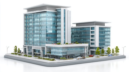 Modern business office building on a white background. 3D illustration.の素材