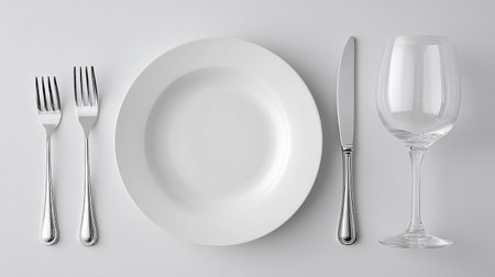 Empty plate, knife and fork on white background. 3d renderingの素材
