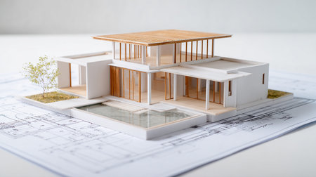 House model on blueprint. Architecture and construction concept. Selective focus.の素材
