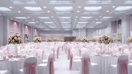 Wedding reception hall with tables and chairs. 3d renderingの素材