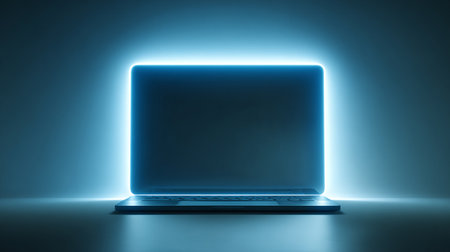 Laptop with blue light on a dark background. 3d renderingの素材