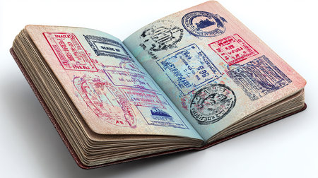 Old book with stamps isolated on white background. 3D illustration.の素材