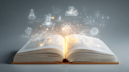 Open book with glowing science icons on grey background. Education and knowledge conceptの素材
