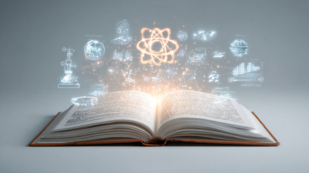 Open book with glowing science icons on grey background. 3D renderingの素材