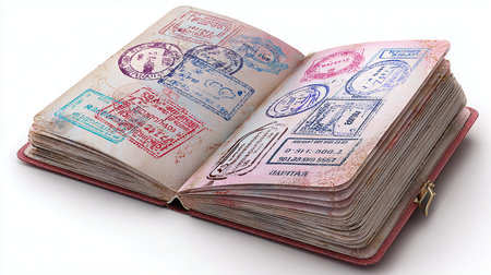 Vintage passport with stamps isolated on white background. Travel concept.の素材
