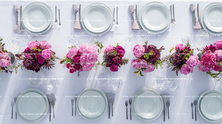 Wedding table decoration with pink flowers and cutlery.の素材
