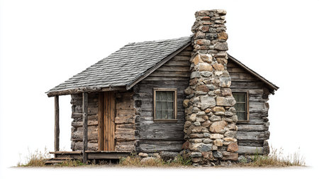 Old log cabin isolated on a white background. 3d illustration.の素材