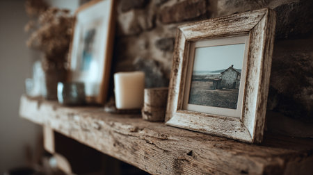 Vintage photo frames on a rustic wooden shelf in the roomの素材