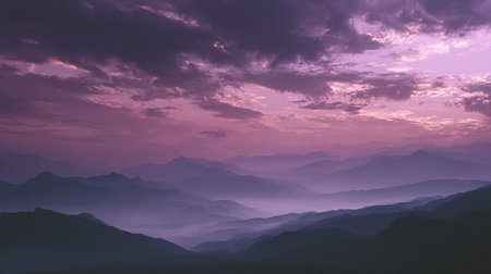 Mountain landscape with fog and clouds at dawn in the morning.の素材