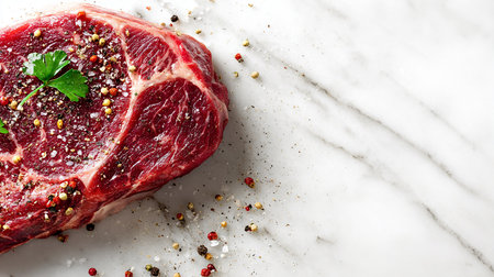 Raw fresh beef steak with spices and herbs on white marble table, top viewの素材