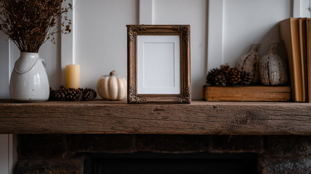 Vintage picture frame on rustic wooden shelf with autumn decor.の素材