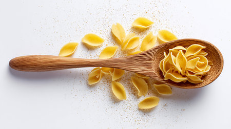 close up of a wooden spoon full of uncooked pasta on white backgroundの素材