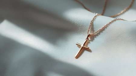 Golden rosary on a white satin background, close upの素材