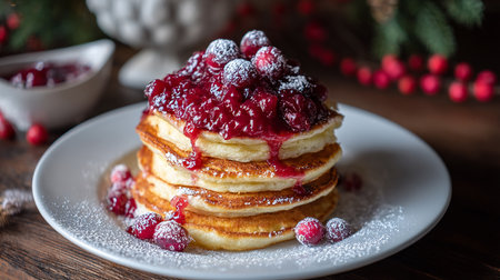 Pancakes with berry sauce and icing sugar on wooden backgroundの素材