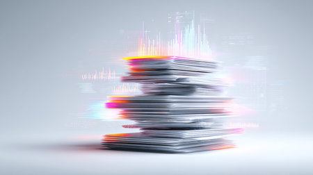 Stack of business papers on grey background. 3D Rendering.の素材