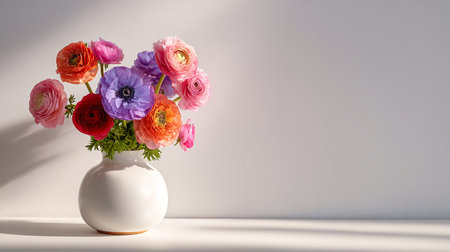 Beautiful ranunculus flowers in vase on white background.の素材