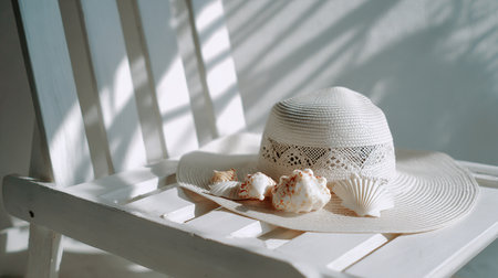 Straw hat and seashells on a white wooden chair.の素材