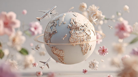 Globe with flying airplane and flowers on grey background. Travel conceptの素材