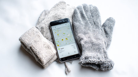 Smartphone with map and gloves on the white background. Top view.の素材