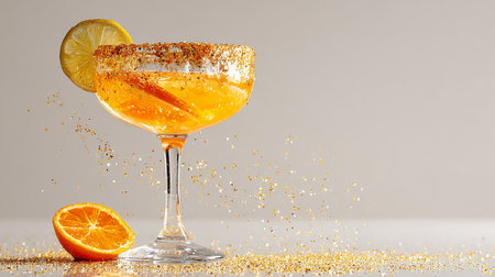 Cocktail with orange and cinnamon on a light background. Copy space.の素材