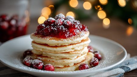 Stack of pancakes with berry jam and icing sugar on wooden tableの素材