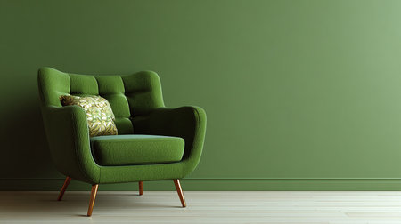 Green armchair with pillows in front of green wall, 3d renderの素材
