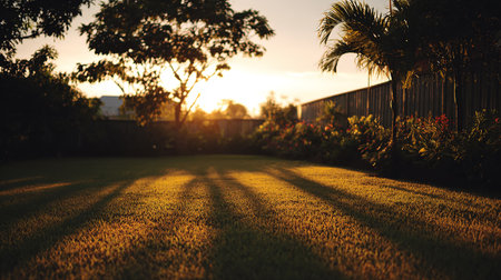 Sunset in the garden with shadow of palm trees on the grassの素材
