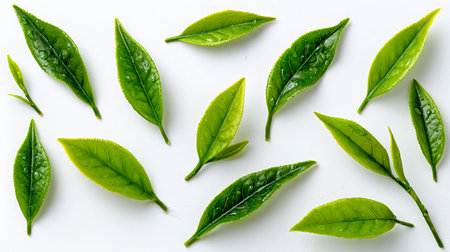 Green tea leaves isolated on white background. Flat lay, top view.の素材