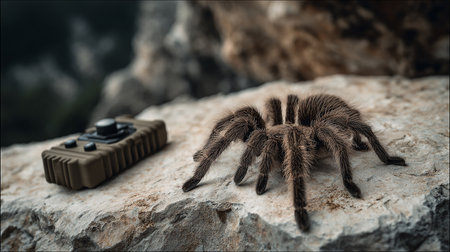 Tarantula crawling on a stone with a camera in the backgroundの素材