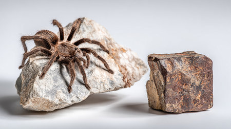 Tarantula spider sitting on a stone and a piece of stoneの素材