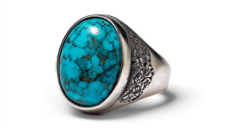 Jewelry ring with turquoise stone on a white backgroundの素材