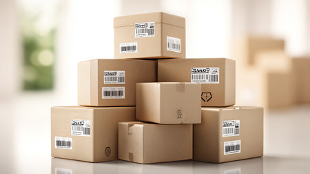 Stack of cardboard boxes on a light background. 3d rendering.の素材