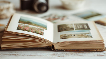 Vintage photo album on white wooden table. Selective focus.の素材