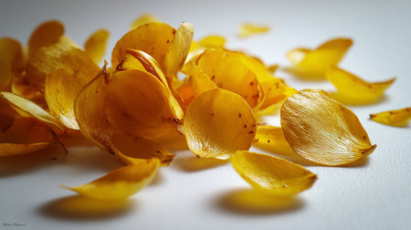 Yellow rose petals on white background. Shallow depth of field.の素材